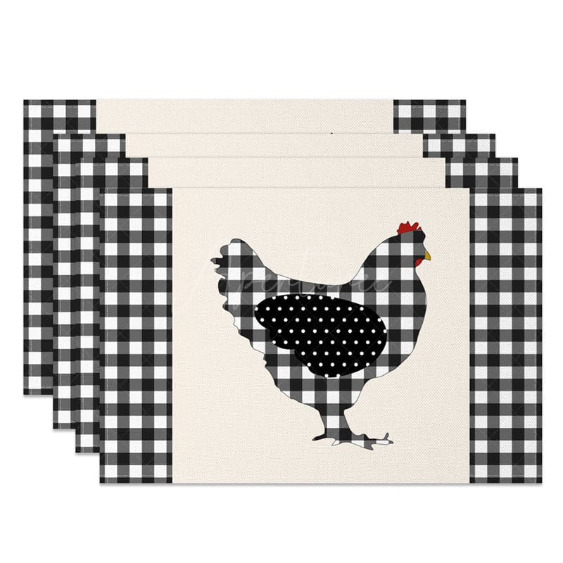 Aperturee - Aperturee Farmhouse Hens Black White Plaid Set of 4 Placemats