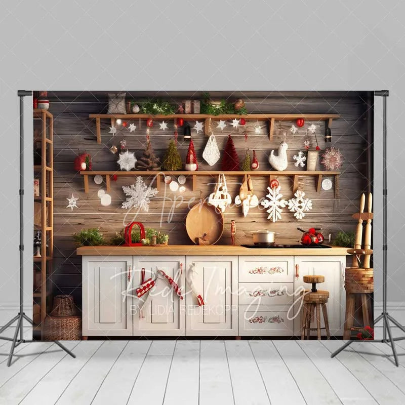 Aperturee - Aperturee Farmhouse Pantry Christmas Backdrop Wooden Shelves White Ornaments Rustic Kitchen Wall Photo Background
