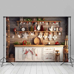 Aperturee - Aperturee Farmhouse Pantry Christmas Backdrop Wooden Shelves White Ornaments Rustic Kitchen Wall Photo Background