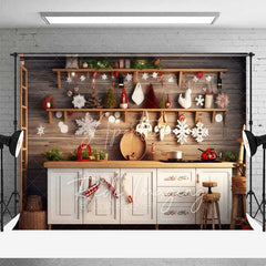 Aperturee - Aperturee Farmhouse Pantry Christmas Backdrop Wooden Shelves White Ornaments Rustic Kitchen Wall Photo Background