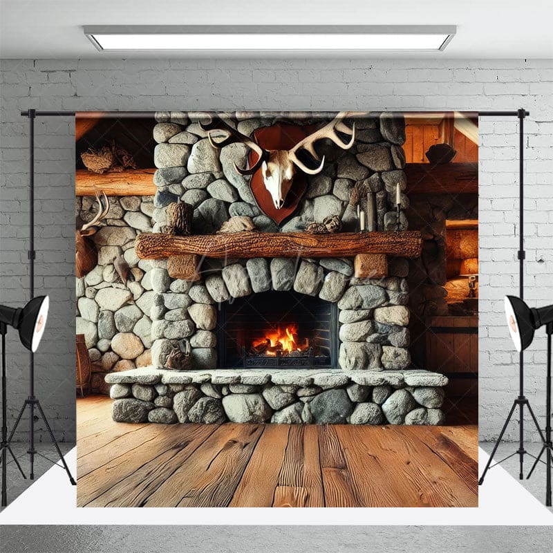 Aperturee - Aperturee Fathers Day Rustic Cabin Skull Fireplace Photo Backdrop