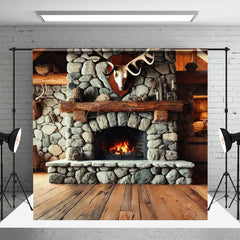 Aperturee - Aperturee Fathers Day Rustic Cabin Skull Fireplace Photo Backdrop