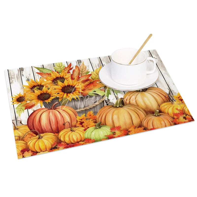 Aperturee - Aperturee Faux Wood Texture Set of 4 Placemats with Pumpkin and Sunflower for Rustic Fall and Thanksgiving
