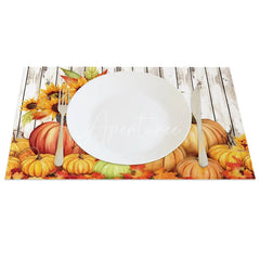 Aperturee - Aperturee Faux Wood Texture Set of 4 Placemats with Pumpkin and Sunflower for Rustic Fall and Thanksgiving