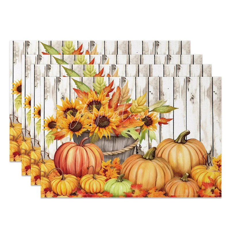 Aperturee - Aperturee Faux Wood Texture Set of 4 Placemats with Pumpkin and Sunflower for Rustic Fall and Thanksgiving