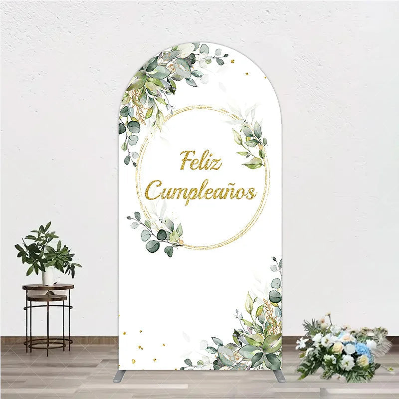 Aperturee - Aperturee Feliz Cumplea?os Arch Backdrop Eucalyptus Greenery Gold Frame Birthday Party Decor