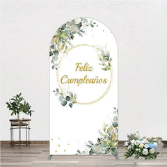 Aperturee - Aperturee Feliz Cumplea?os Arch Backdrop Eucalyptus Greenery Gold Frame Birthday Party Decor