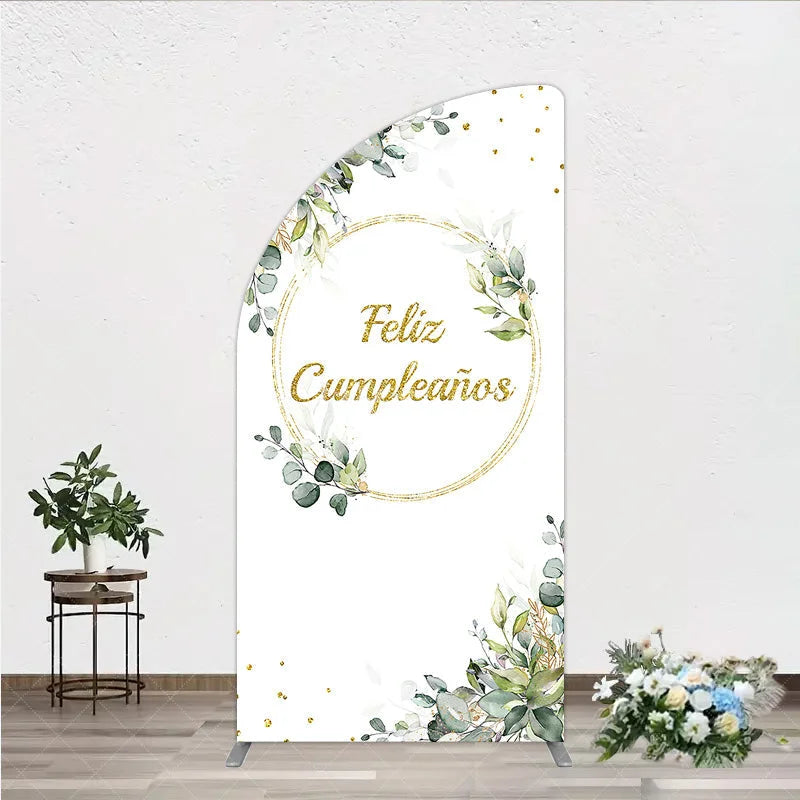 Aperturee - Aperturee Feliz Cumplea?os Half Moon Arch Backdrop Eucalyptus Greenery Gold Frame Birthday Party Decor