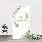 Aperturee - Aperturee Feliz Cumplea?os Half Moon Arch Backdrop Eucalyptus Greenery Gold Frame Birthday Party Decor