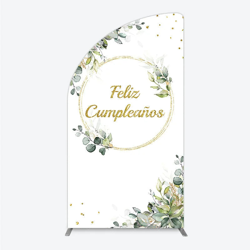 Aperturee - Aperturee Feliz Cumplea?os Half Moon Arch Backdrop Eucalyptus Greenery Gold Frame Birthday Party Decor