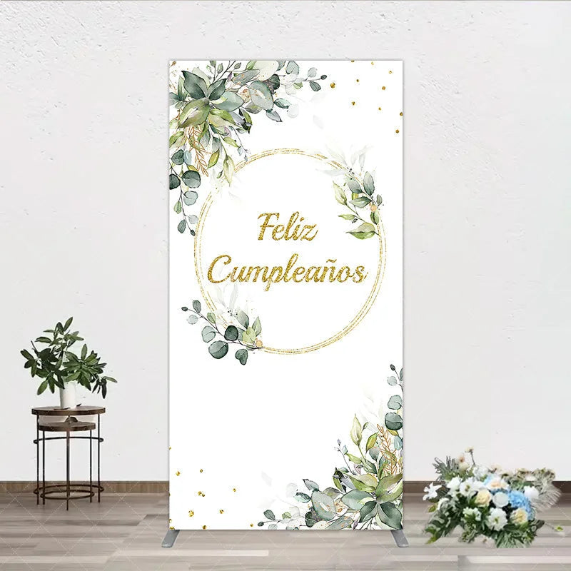 Aperturee - Aperturee Feliz Cumplea?os Rectangle Backdrop Eucalyptus Greenery Gold Frame Birthday Party Decor