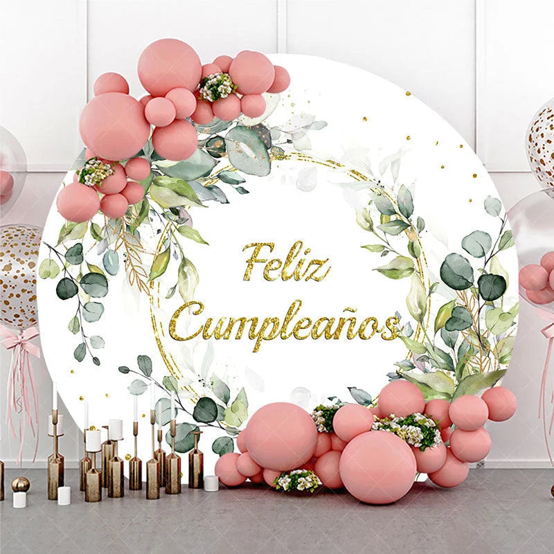 Aperturee - Aperturee Feliz Cumpleanos Eucalyptus Round Backdrop Green Leaves and Gold Glitter Ring Birthday Background