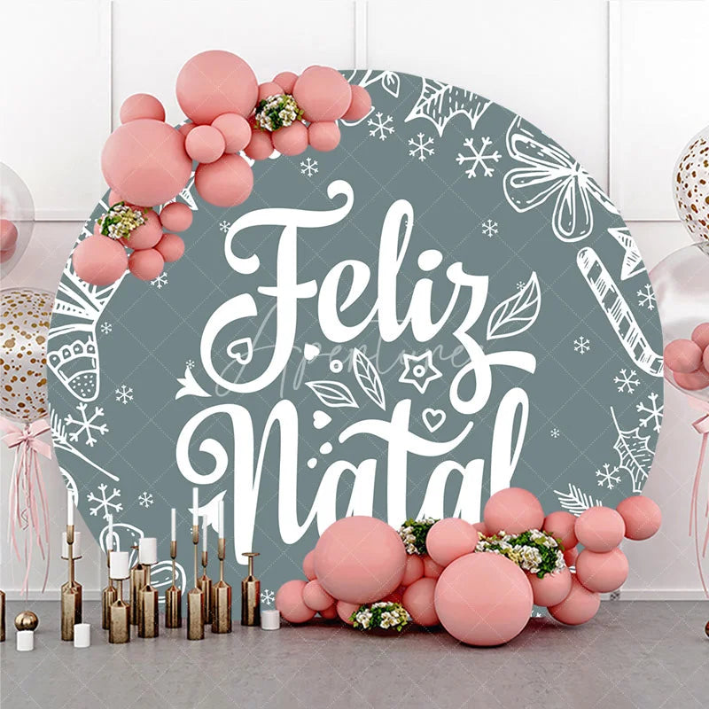 Aperturee - Aperturee Feliz Natal Grey Round Backdrop White Sketch Doodle Christmas Party Decor