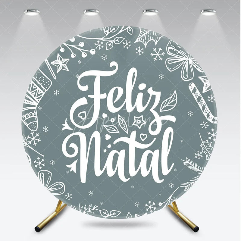 Aperturee - Aperturee Feliz Natal Grey Round Backdrop White Sketch Doodle Christmas Party Decor