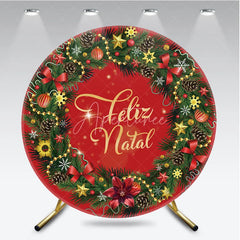 Aperturee - Aperturee Feliz Natal Red Round Backdrop Christmas Wreath Pine Cone Decor Prop