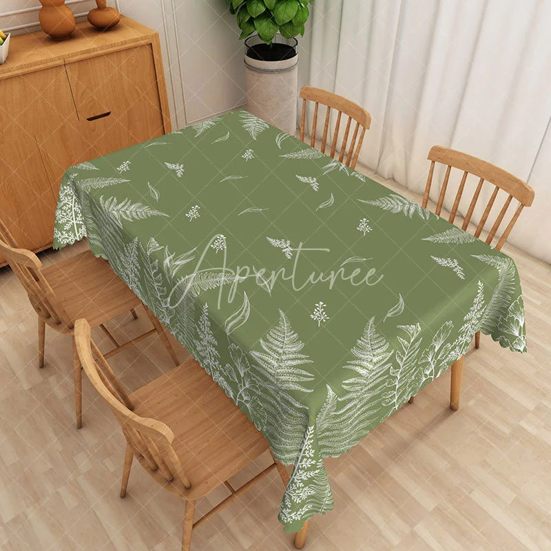 Aperturee - Aperturee Fern Leaf Rectangle Tablecloth Sage Green Botanical Line Art Dining Table Decor