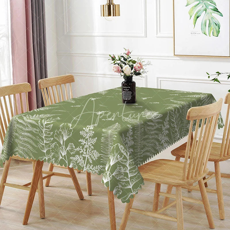 Aperturee - Aperturee Fern Leaf Rectangle Tablecloth Sage Green Botanical Line Art Dining Table Decor