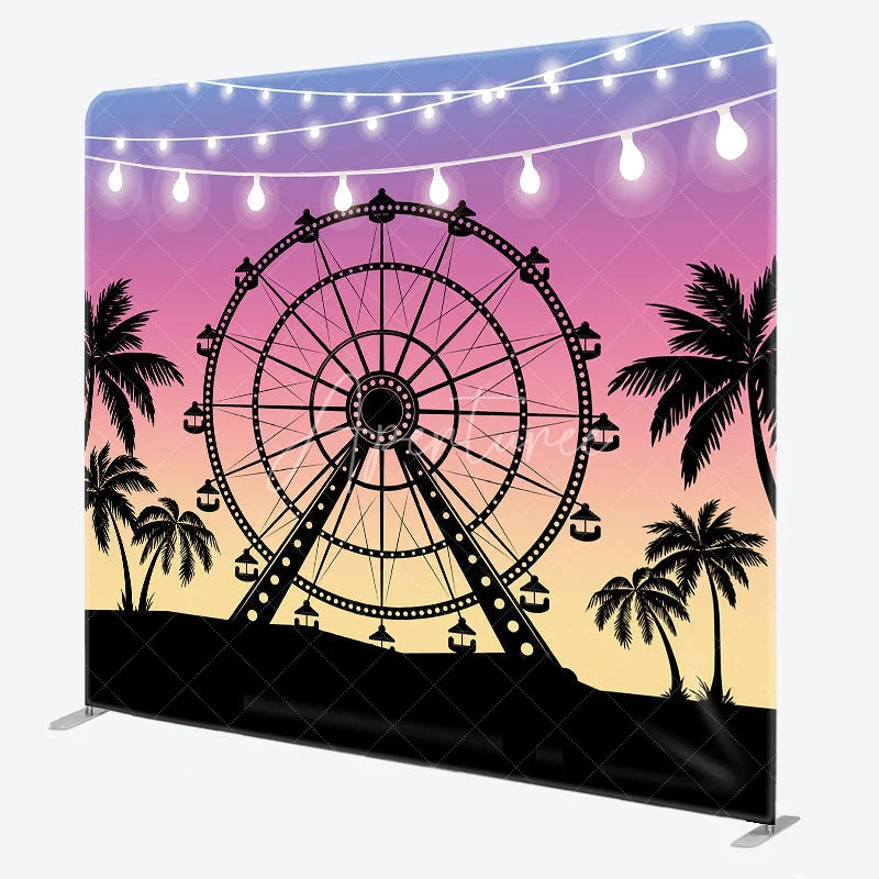 Aperturee - Aperturee Ferris Wheel at Sunset Double-Sided Tension Fabric Backdrop Carnival Festival with Palm Trees Party Photo Booth