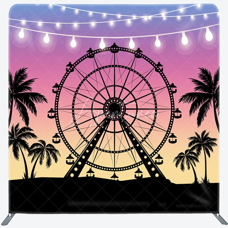 Aperturee - Aperturee Ferris Wheel at Sunset Double-Sided Tension Fabric Backdrop Carnival Festival with Palm Trees Party Photo Booth