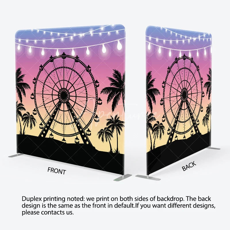 Aperturee - Aperturee Ferris Wheel at Sunset Double-Sided Tension Fabric Backdrop Carnival Festival with Palm Trees Party Photo Booth