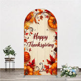 Aperturee - Aperturee Festive Autumn Happy Thanksgiving Round Top Arch Backdrop with Pumpkins and Fall Leaves Rustic Wooden Background Decor