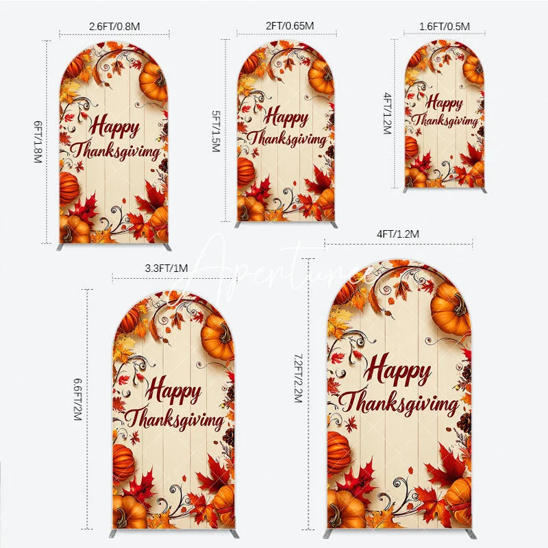 Aperturee - Aperturee Festive Autumn Happy Thanksgiving Round Top Arch Backdrop with Pumpkins and Fall Leaves Rustic Wooden Background Decor