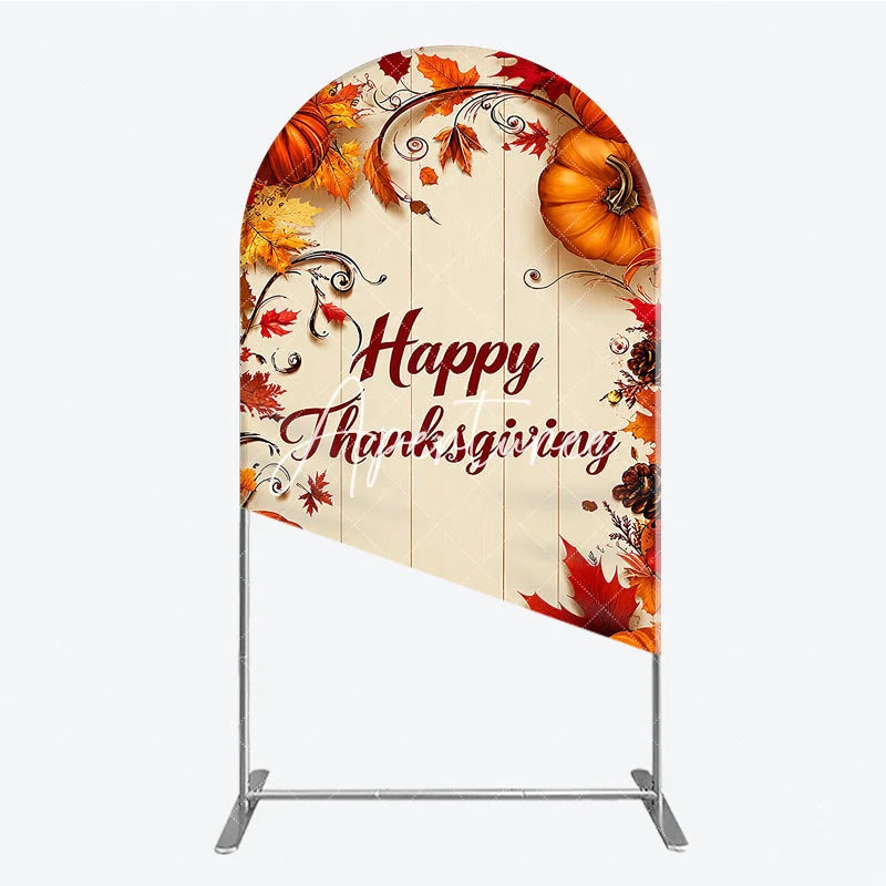 Aperturee - Aperturee Festive Autumn Happy Thanksgiving Round Top Arch Backdrop with Pumpkins and Fall Leaves Rustic Wooden Background Decor