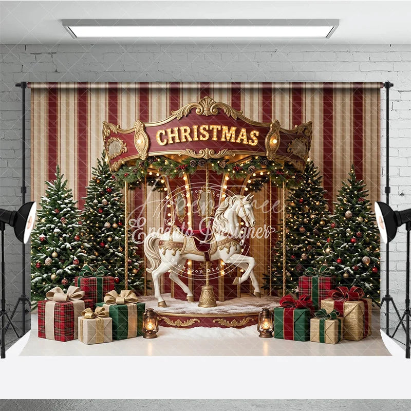 Aperturee - Aperturee Festive Christmas Carousel Horse Holiday Backdrop Elegant Snow Dusted Trees and Plaid Gift Boxes