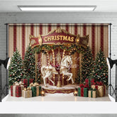 Aperturee - Aperturee Festive Christmas Carousel Horse Holiday Backdrop Elegant Snow Dusted Trees and Plaid Gift Boxes