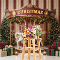 Aperturee - Aperturee Festive Christmas Carousel Horse Holiday Backdrop Elegant Snow Dusted Trees and Plaid Gift Boxes