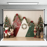 Aperturee - Aperturee Festive Christmas Holiday Backdrop with Decorated Trees and Triangular Winter Panels Cozy Decor