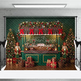 Aperturee - Aperturee Festive Christmas Market Stall Holiday Backdrop with Plaid Canopy Decorated Trees and Wrapped Gifts