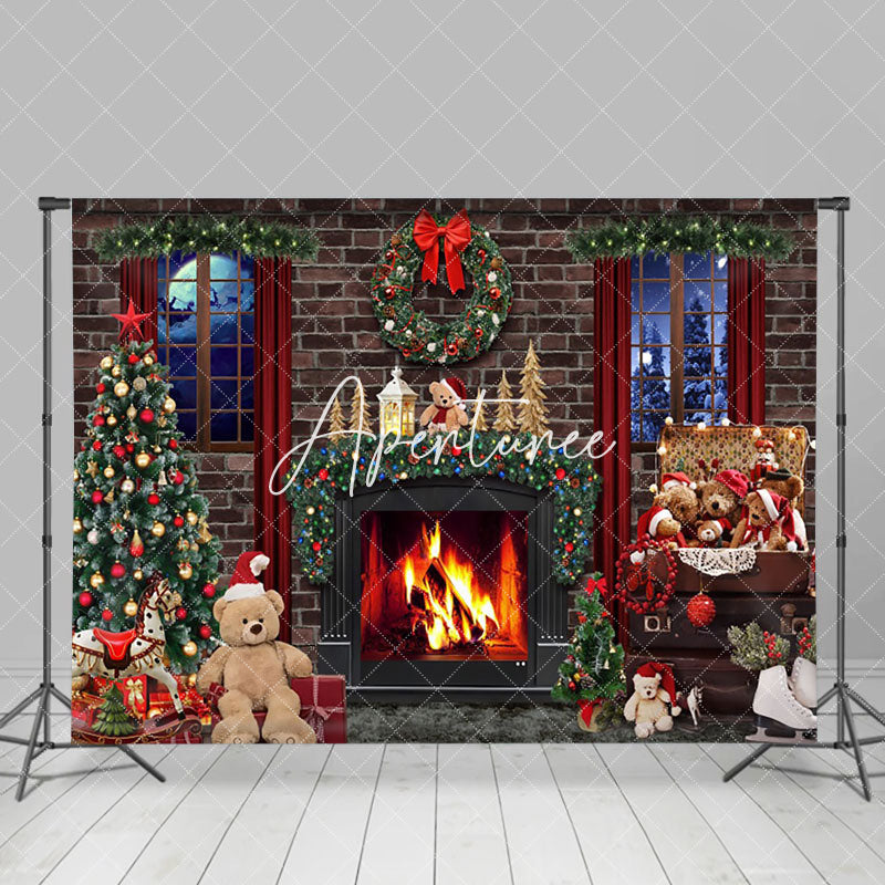 Aperturee - Aperturee Festive Christmas Night Trees Fireplace Backdrop