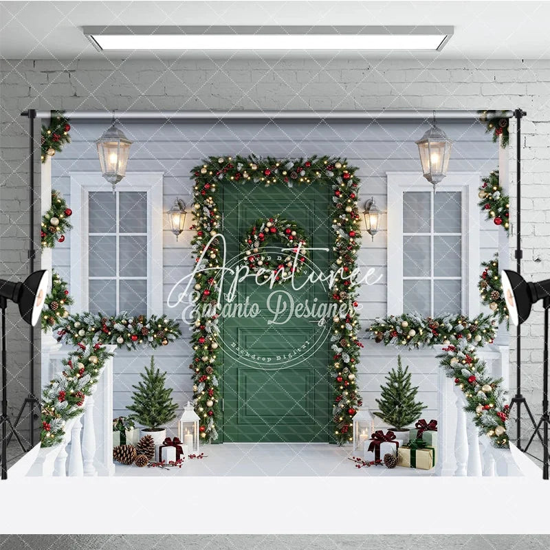Aperturee - Aperturee Festive Christmas Porch Holiday Backdrop with Green Door Snowy Garlands Wreath and Warm Lights