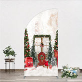 Aperturee - Aperturee Festive Christmas Scene Half Moon Arch Backdrop with Decorated Trees Red Door and Snow Winter Holiday Party Decor