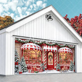 Aperturee - Aperturee Festive Christmas Storefront Garage Door Banner Snowy Holiday Toy Shop with Gifts and Nutcracker Train Decor
