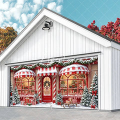 Aperturee - Aperturee Festive Christmas Storefront Garage Door Banner Snowy Holiday Toy Shop with Gifts and Nutcracker Train Decor