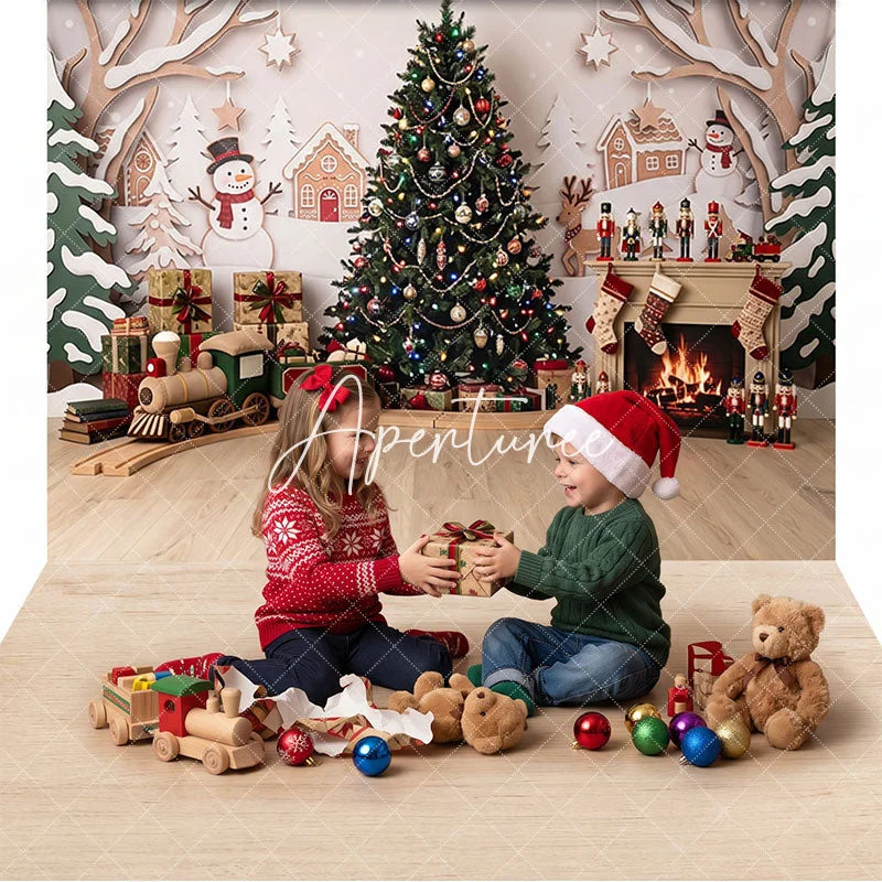 Aperturee - Aperturee Festive Christmas Tree and Fireplace Combo Set Backdrop with Gifts Toy Train and Snowmen for Holiday Party Photography
