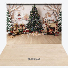Aperturee - Aperturee Festive Christmas Tree and Fireplace Combo Set Backdrop with Gifts Toy Train and Snowmen for Holiday Party Photography
