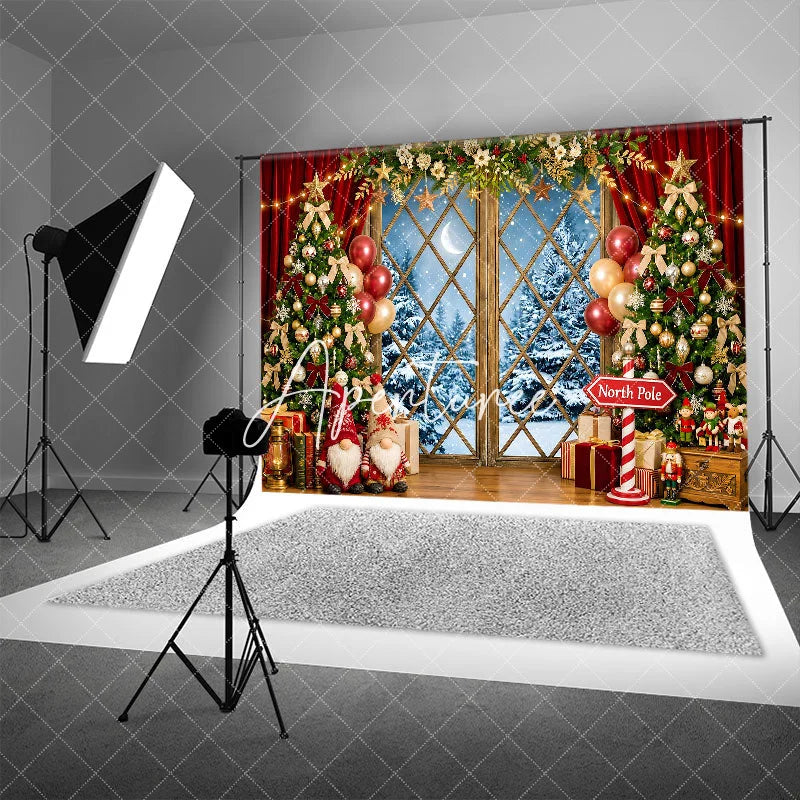 Aperturee - Aperturee Festive Christmas Tree and Snowy Window Holiday Backdrop Winter Wonderland Decor with Gnomes and North Pole Sign