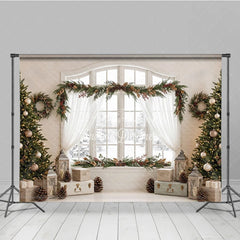 Aperturee - Aperturee Festive Christmas Trees and Garland Holiday Backdrop Elegant Winter Window Scene with Pinecones and Berries