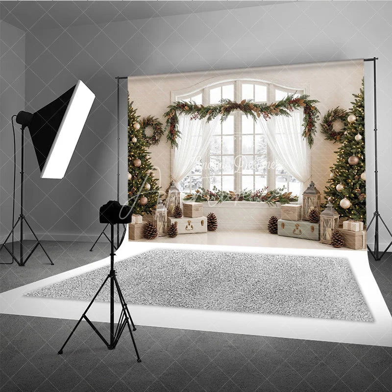 Aperturee - Aperturee Festive Christmas Trees and Garland Holiday Backdrop Elegant Winter Window Scene with Pinecones and Berries