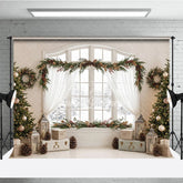 Aperturee - Aperturee Festive Christmas Trees and Garland Holiday Backdrop Elegant Winter Window Scene with Pinecones and Berries