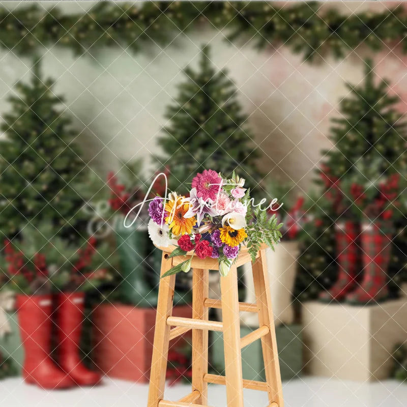 Aperturee - Aperturee Festive Christmas Trees and Lighted Garland Holiday Backdrop with Red Berries Pinecones and Colorful Rain Boots