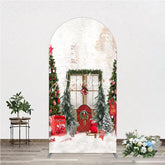 Aperturee - Aperturee Festive Christmas Trees and Red Door Round Top Arch Backdrop Winter Holiday Celebration Photography Decor