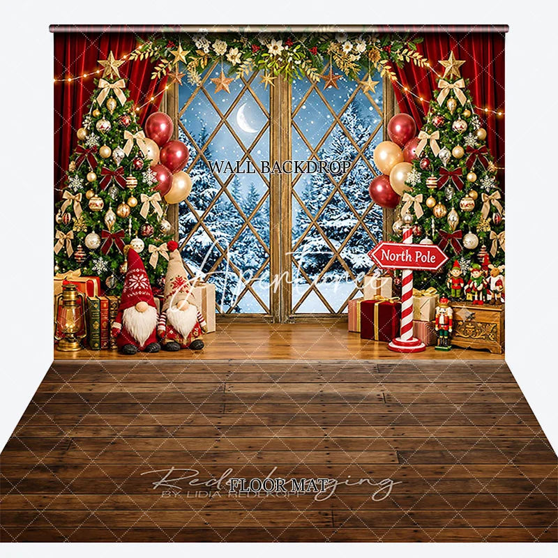 Aperturee - Aperturee Festive Christmas Trees and Snowy Window Combo Set Backdrop with Gnomes Gifts and Balloons for Holiday Decor