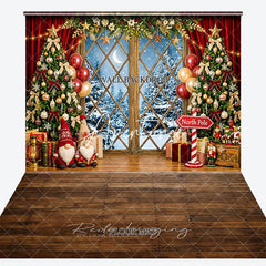 Aperturee - Aperturee Festive Christmas Trees and Snowy Window Combo Set Backdrop with Gnomes Gifts and Balloons for Holiday Decor