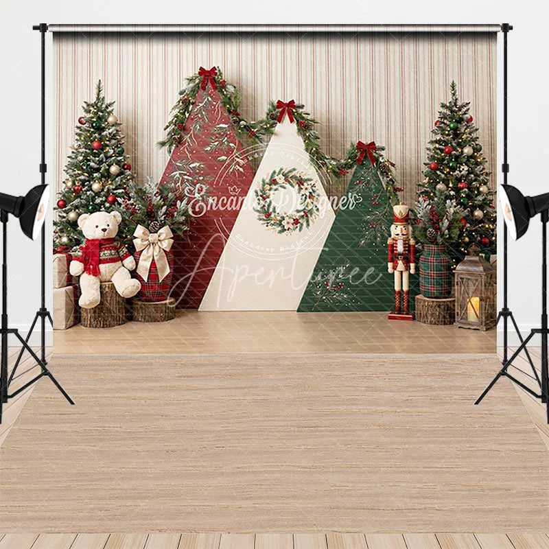 Aperturee - Aperturee Festive Christmas Trees and Triangular Panels Combo Set Backdrop with Teddy Bear and Nutcracker Holiday Decor