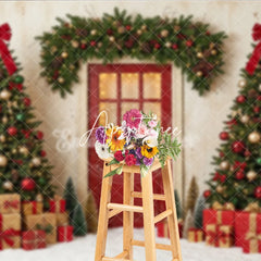 Aperturee - Aperturee Festive Christmas Trees Red Door Holiday Backdrop with Garland and Gifts Snowy Winter Celebration Decor
