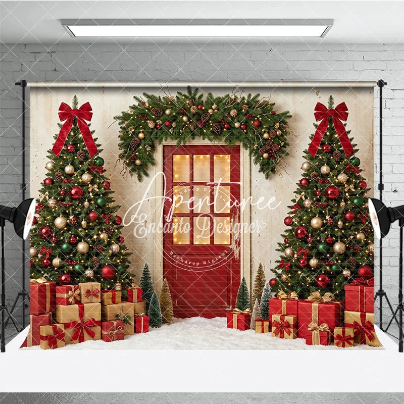 Aperturee - Aperturee Festive Christmas Trees Red Door Holiday Backdrop with Garland and Gifts Snowy Winter Celebration Decor